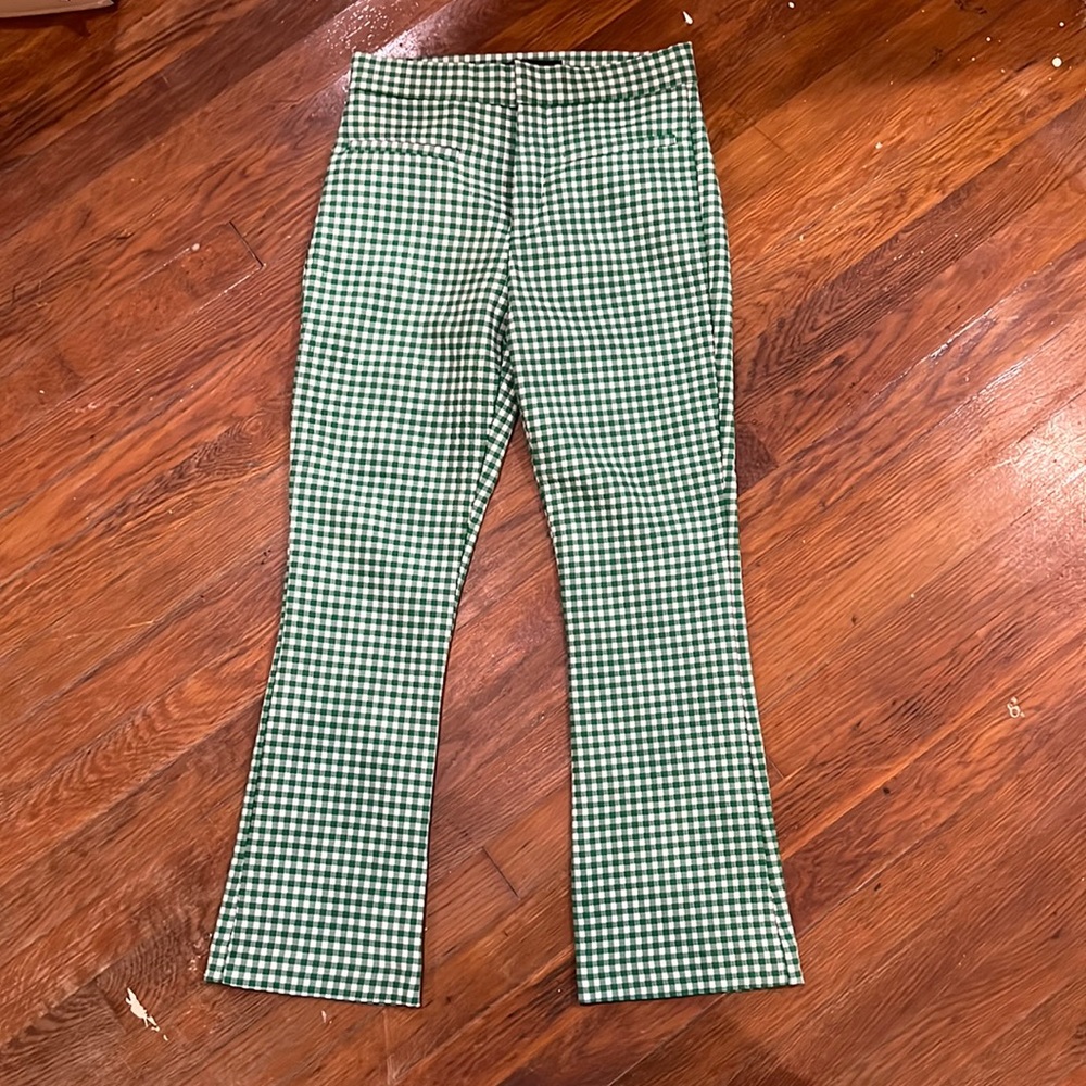 Zara Green Checkered Cropped Flare Pants